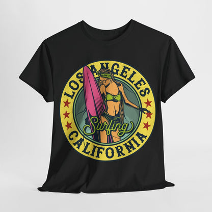 Men's T-Shirt with Vintage Los Angeles Surfing Design, Yellow Graphic Art Print