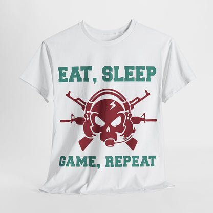 Funny Men's T-Shirt: EAT, SLEEP, GAME, REPEAT Graphic Tee with Bold Skull Design