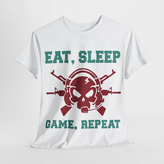Funny Men's T-Shirt: EAT, SLEEP, GAME, REPEAT Graphic Tee with Bold Skull Design
