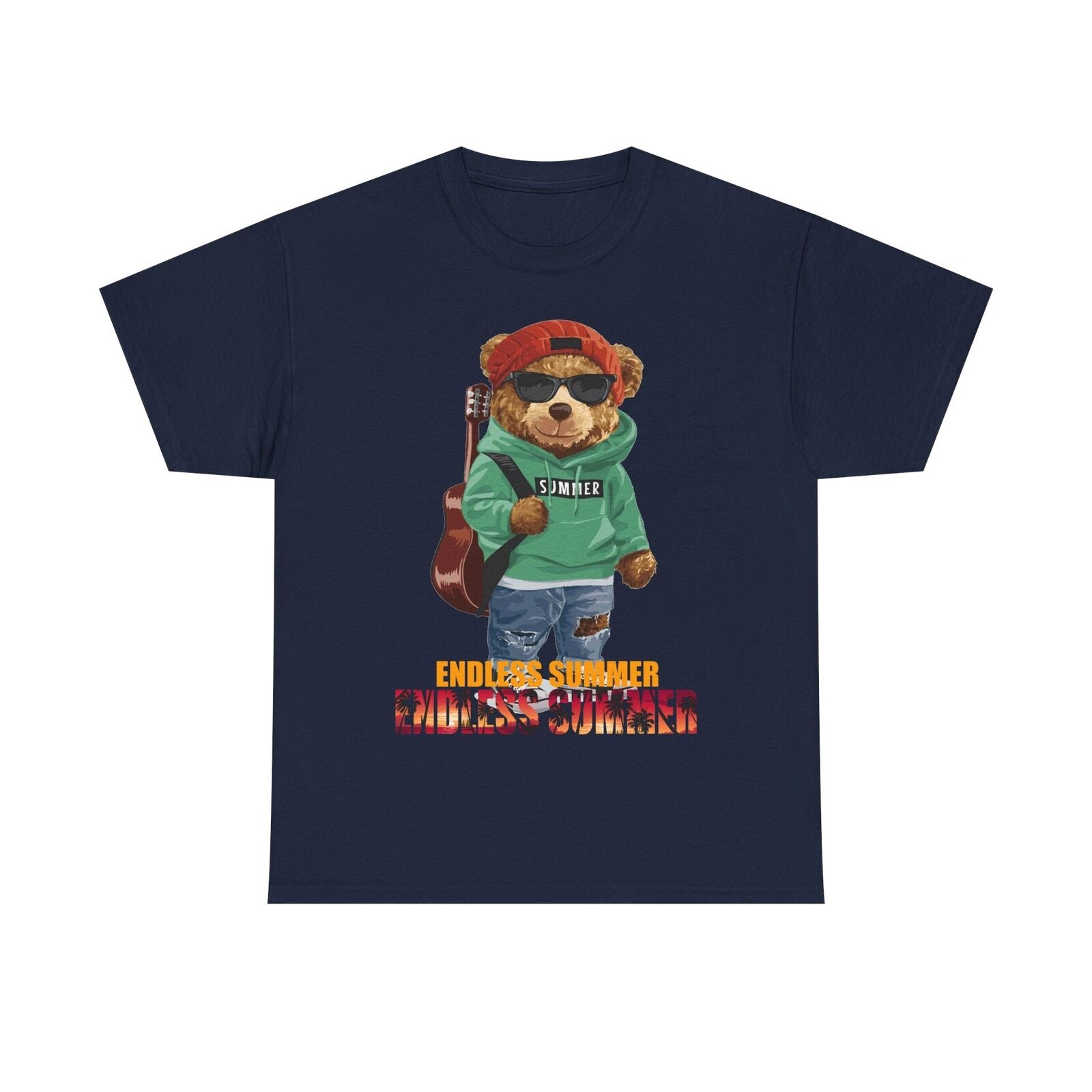 Endless Summer Teddy Bear Men's T-Shirt - Cool Bear in Hoodie with Guitar Design