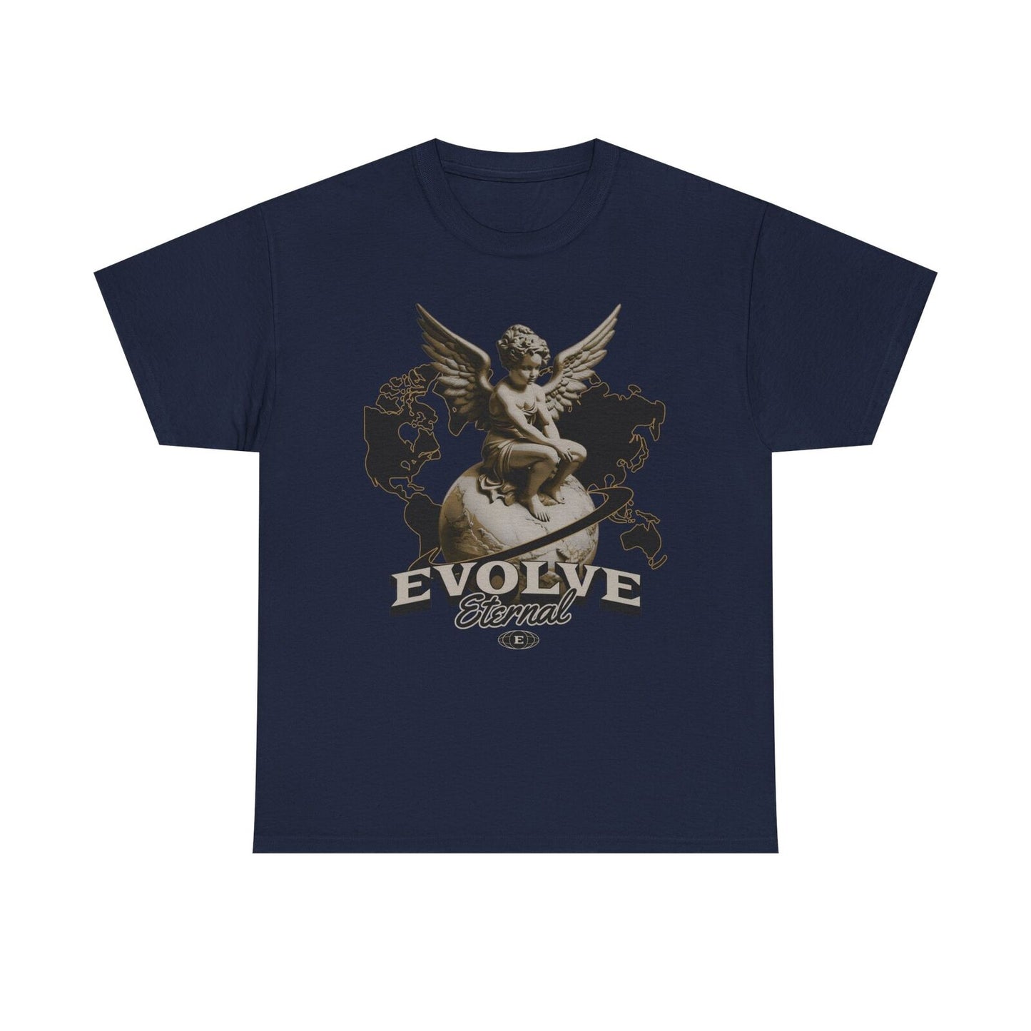 Stylish Men's T-Shirt with Evolve Eternal Logo Featuring Cherubic Angel & Globe