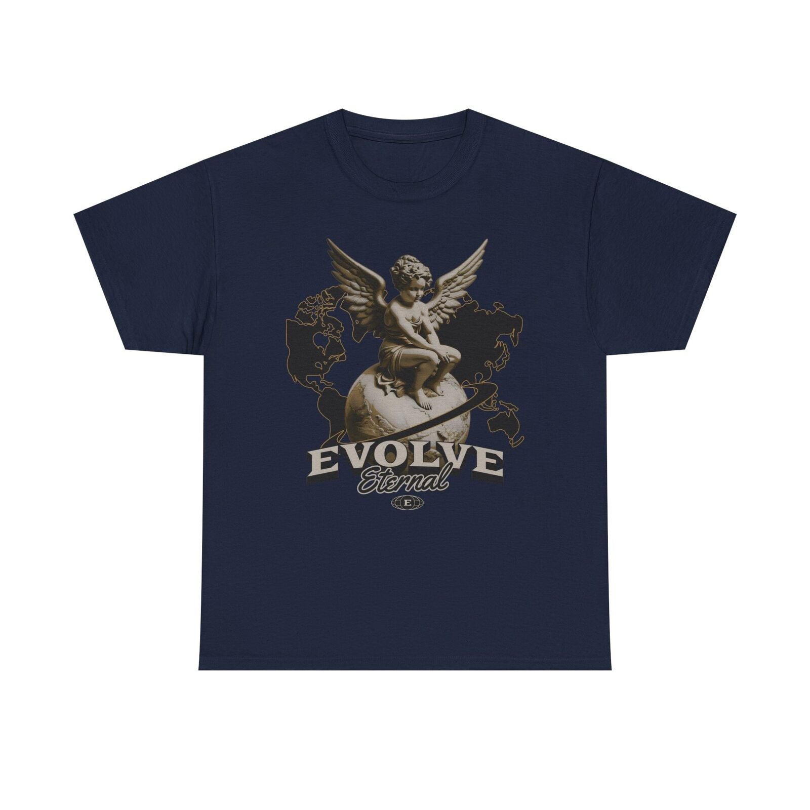 Stylish Men's T-Shirt with Evolve Eternal Logo Featuring Cherubic Angel & Globe