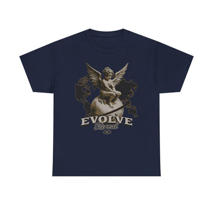 Stylish Men's T-Shirt with Evolve Eternal Logo Featuring Cherubic Angel & Globe