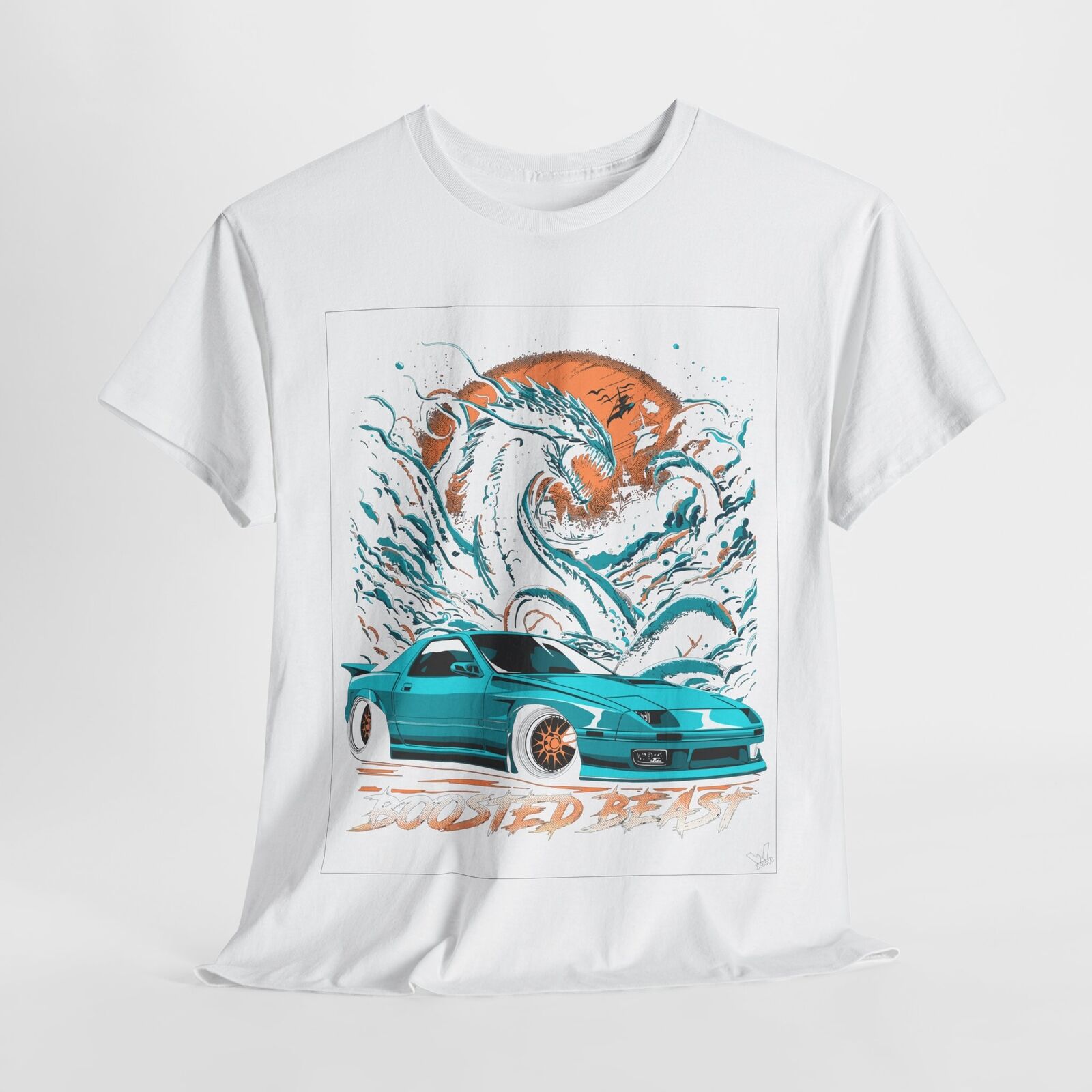 Boosted Beast Turbocharged T-Shirt: Vivid RX-7 Graphic with Ocean Waves Design!