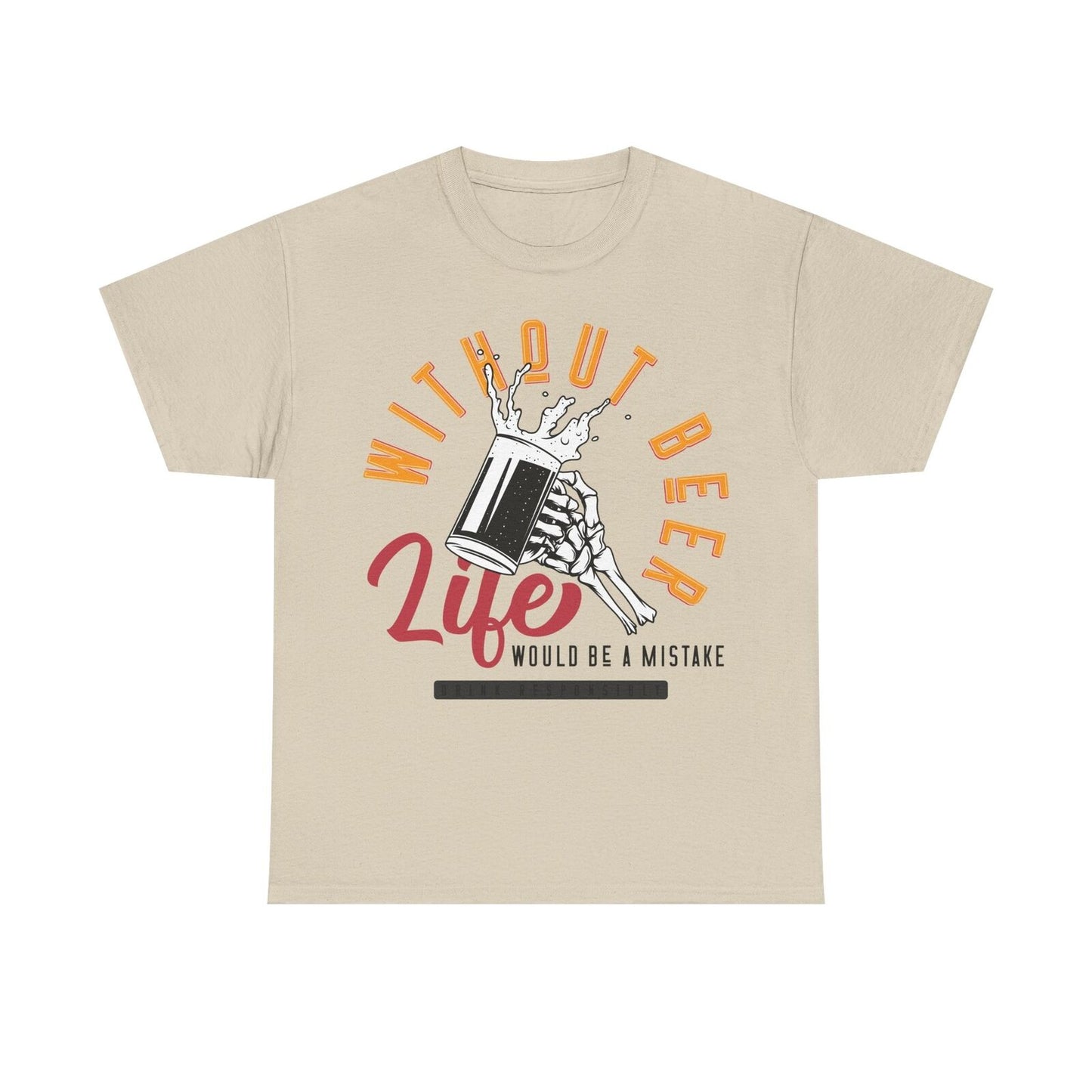 Humorous Men's T-Shirt with Skeleton & Beer Mug Life is a Mistake Without Beer!