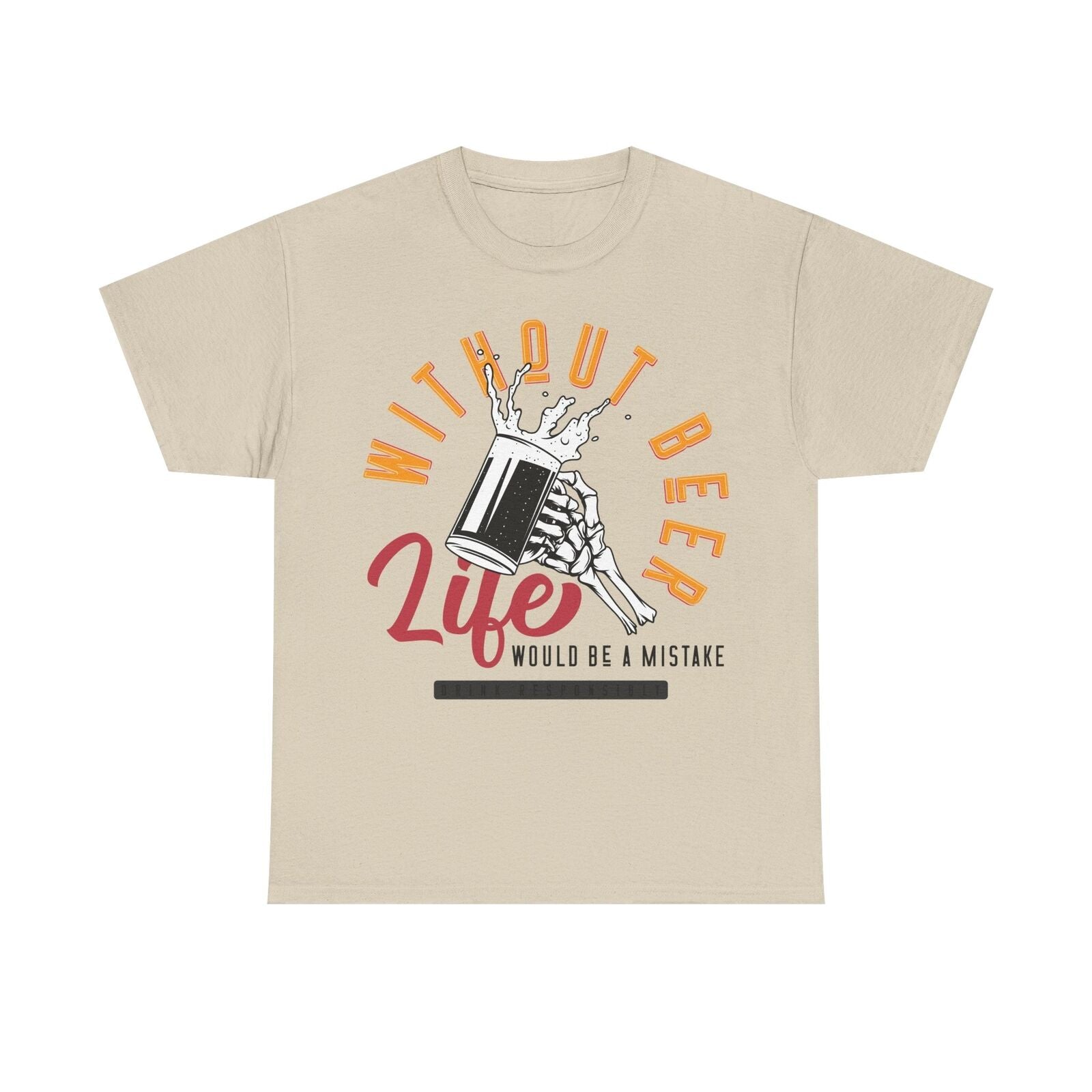 Humorous Men's T-Shirt with Skeleton & Beer Mug Life is a Mistake Without Beer!