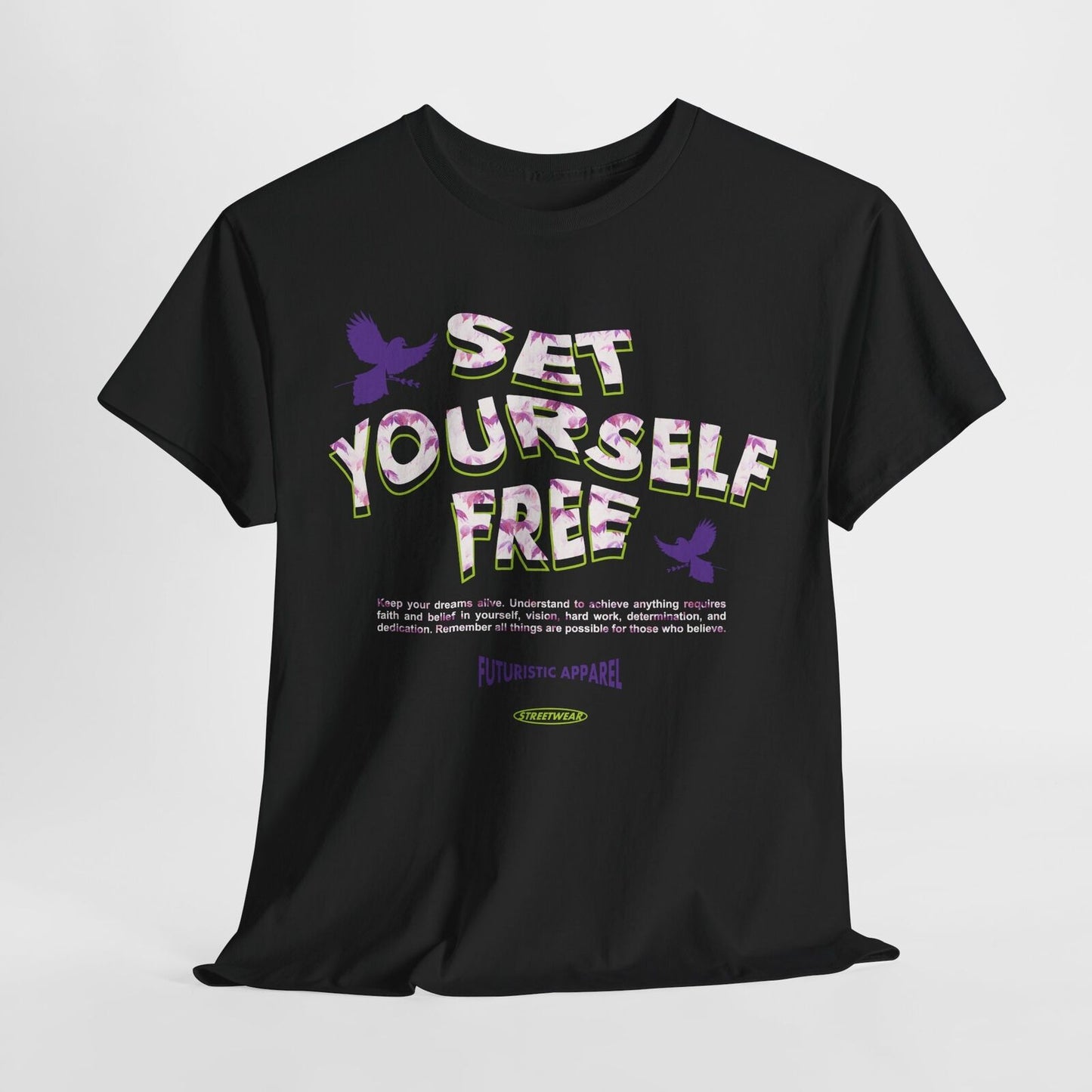 Empowering Set Yourself Free Graphic T-Shirt with Vibrant Leaf Design & Bird Art