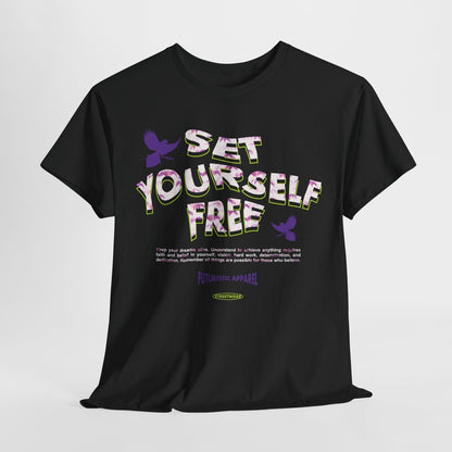 Empowering Set Yourself Free Graphic T-Shirt with Vibrant Leaf Design & Bird Art