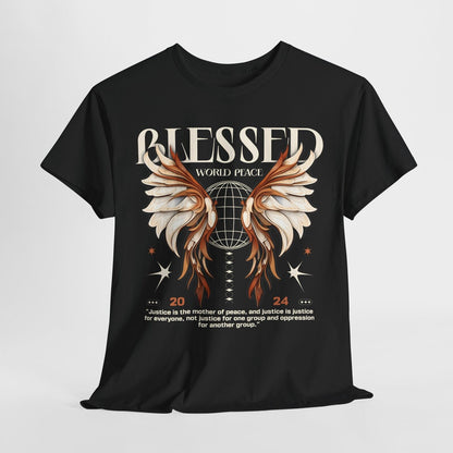 Men's T-Shirt with Intricate Wings Globe Design Symbolizing Global Unity & Peace