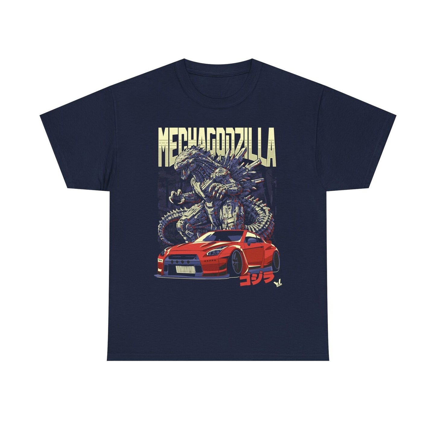 Epic MechaGodzilla Graphic Tee - Pixel Art, Cityscape & Sports Car Design