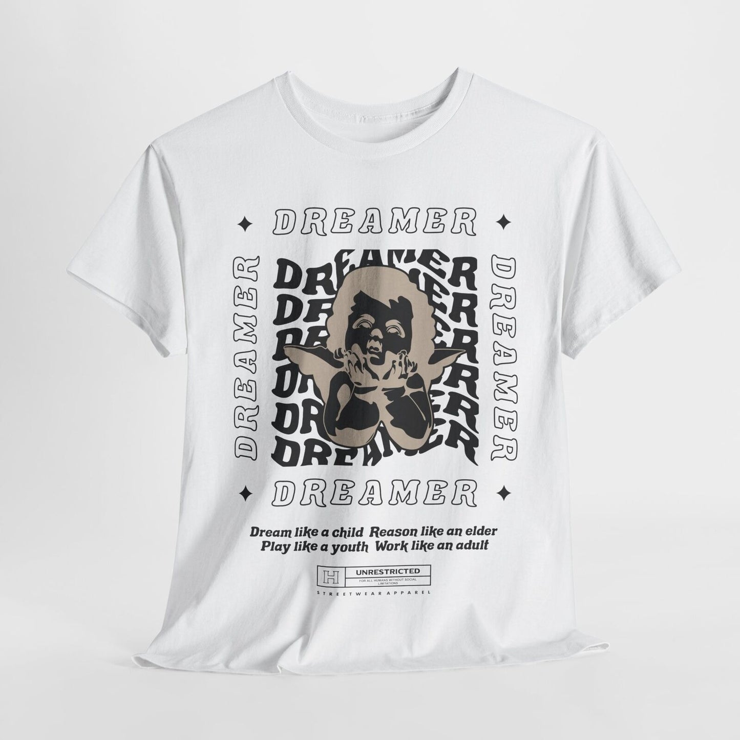 Stylish Men's T-Shirt with Dreamer Graphic, Cherub Design & Bold Slogan Artwork