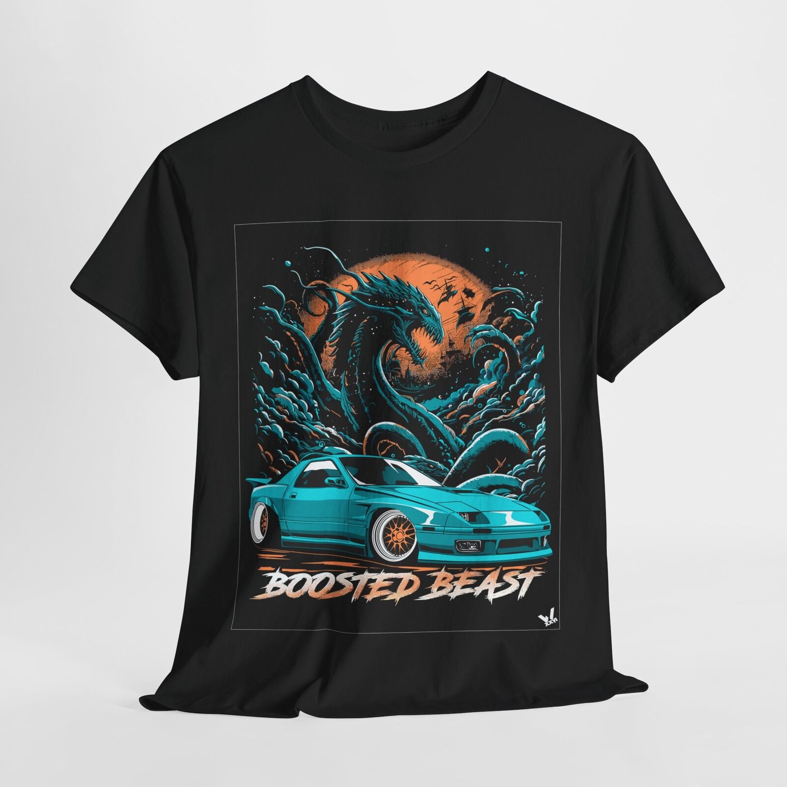 Boosted Beast Turbocharged T-Shirt: Vivid RX-7 Graphic with Ocean Waves Design!