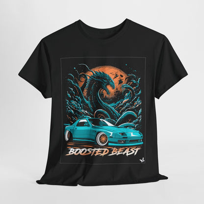 Boosted Beast Turbocharged T-Shirt: Vivid RX-7 Graphic with Ocean Waves Design!