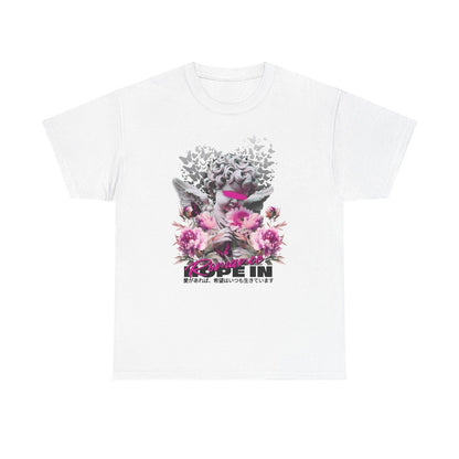 Artistic Men's T-Shirt Featuring Cherubic Angel, Romantic Flowers Hopeful Design