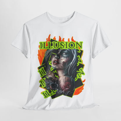 Dazzling Men's T-Shirt: Bold ILLUSION Graphic with Flames & Sugar Skull Design