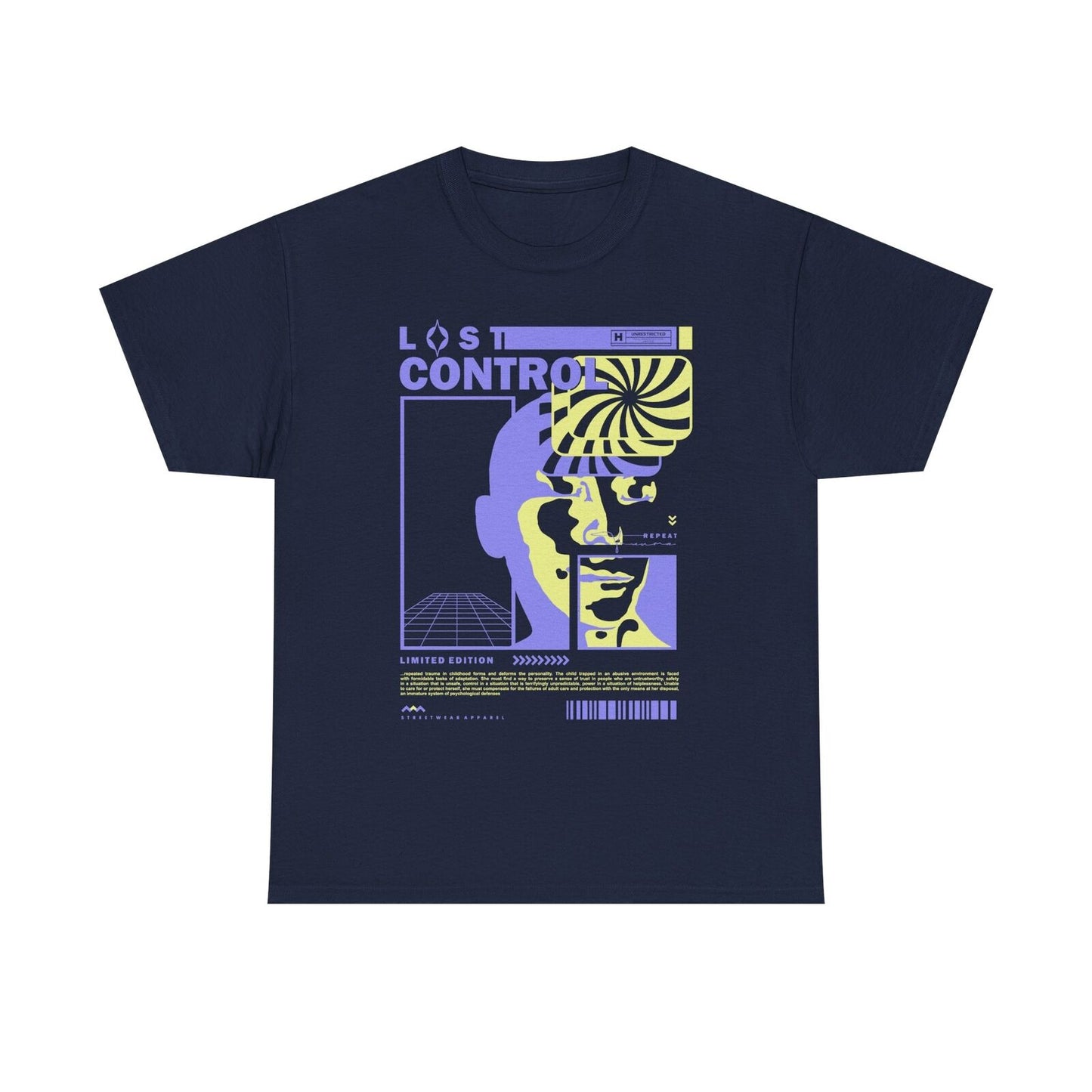Vibrant Graphic T-Shirt Design Featuring 'LOST CONTROL' with Surreal Elements