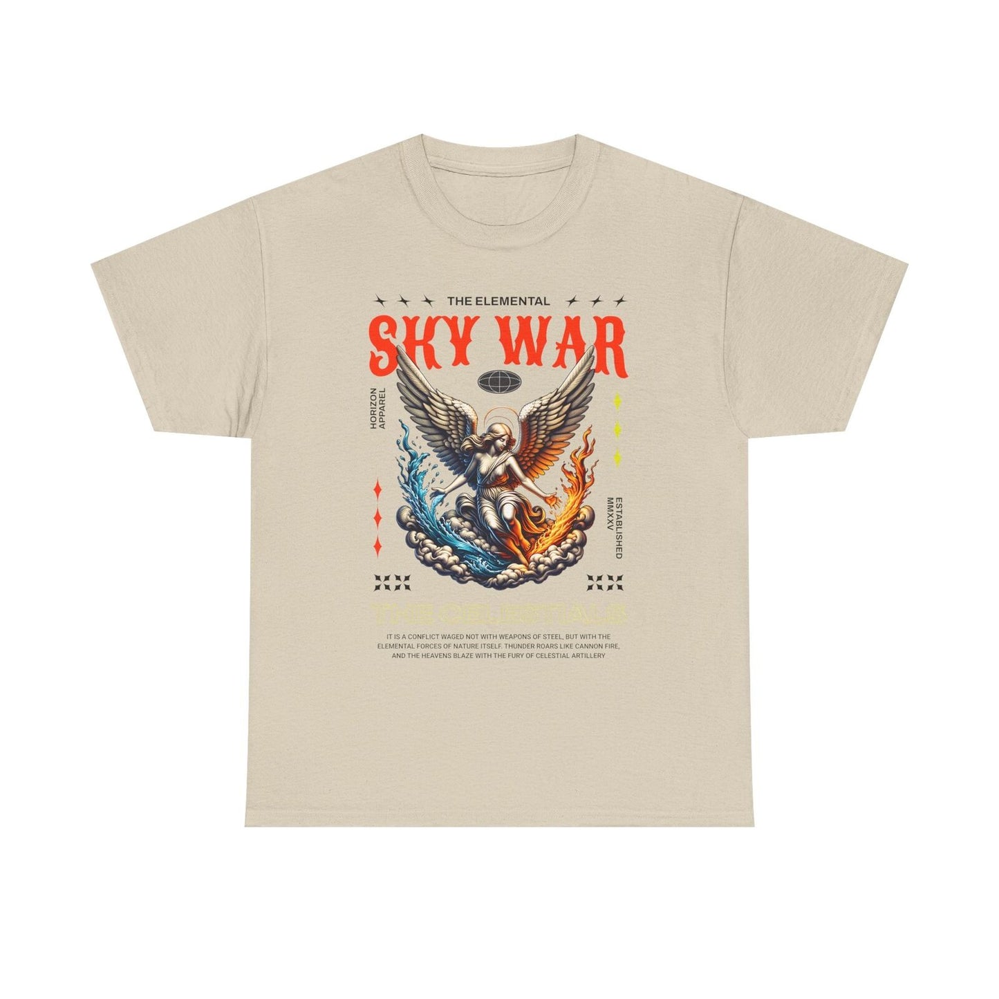 Epic Elemental Sky War Men's T-Shirt with Winged Angel Graphic Design Apparel