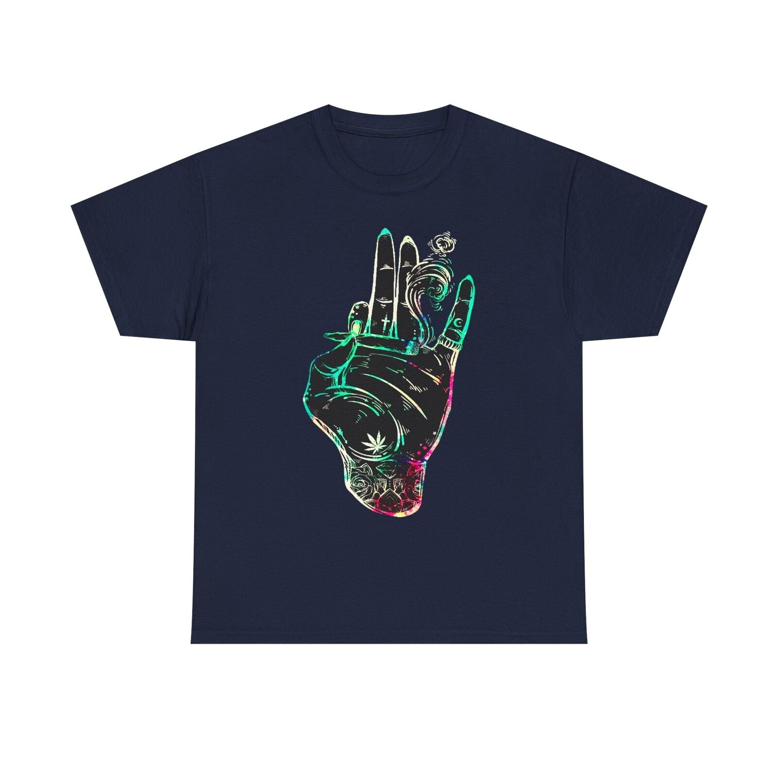 Vibrant Men's T-Shirt Tattoo-Style Hand Holding Joint and Psychedelic Designs