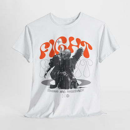 Angelic Men's T-Shirt Design: Grayscale Winged Figure with Bold "FIGHT" Graphics