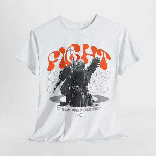 Angelic Men's T-Shirt Design: Grayscale Winged Figure with Bold "FIGHT" Graphics