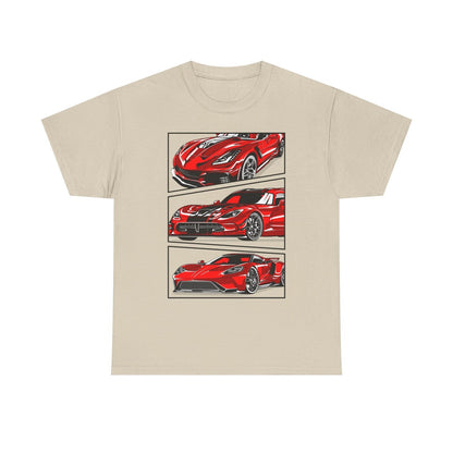 Rev Up Your Style: Graphic T-Shirt Featuring Iconic Red Sports Cars in Motion!