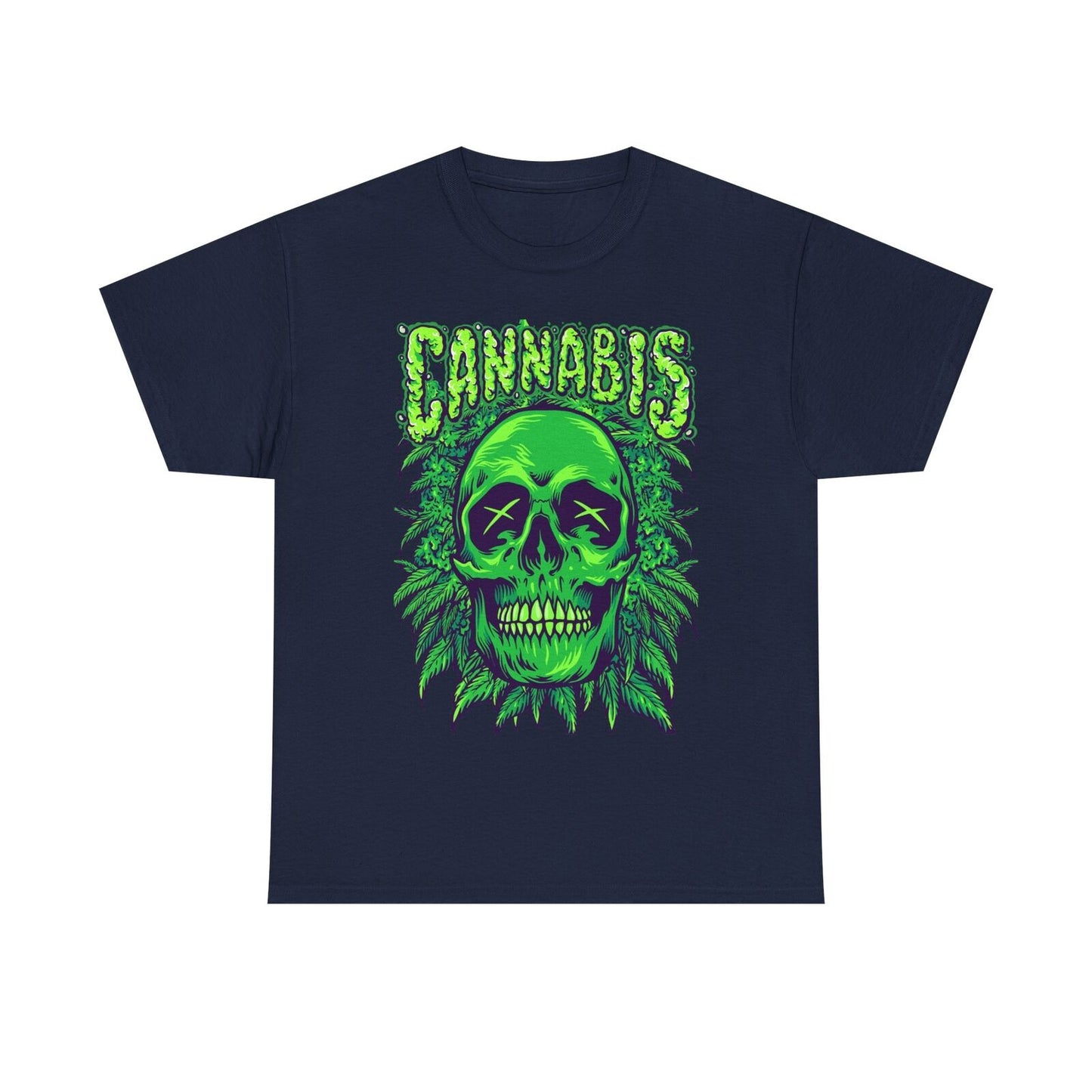 Bold Mens T-Shirt Featuring Vibrant Green Skull & Cannabis Leaves Graphic Design