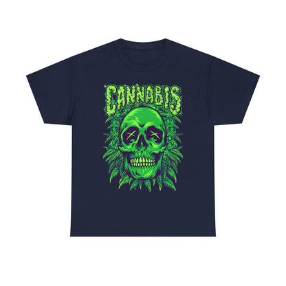 Bold Mens T-Shirt Featuring Vibrant Green Skull & Cannabis Leaves Graphic Design
