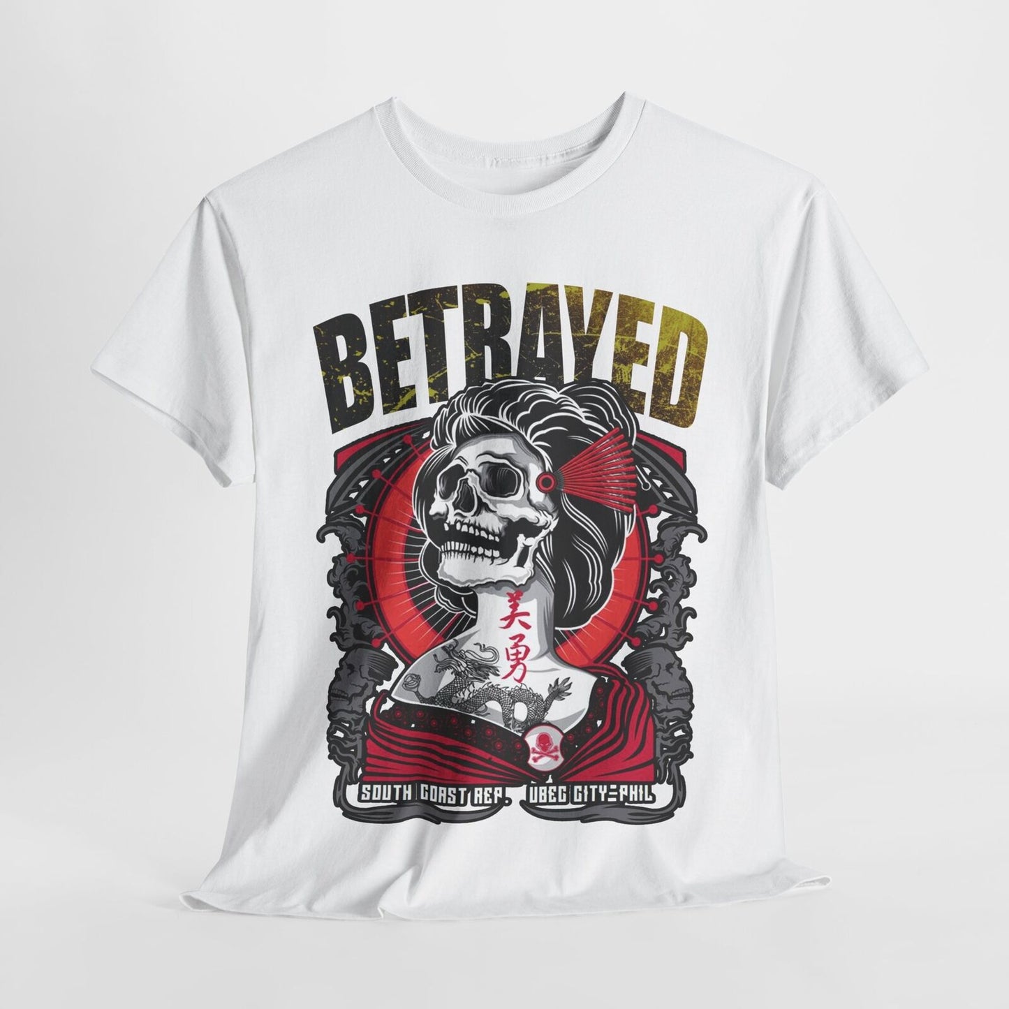 Stylish Men's T-Shirt Featuring Bold Skull Geisha with Dragon and Betrayed Text
