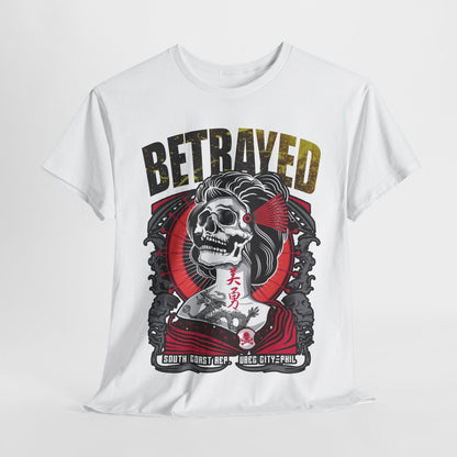 Stylish Men's T-Shirt Featuring Bold Skull Geisha with Dragon and Betrayed Text