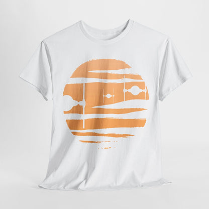 Explore Galaxy Adventures: Stunning Star Wars Planet T-Shirt Design Tie Fighters
