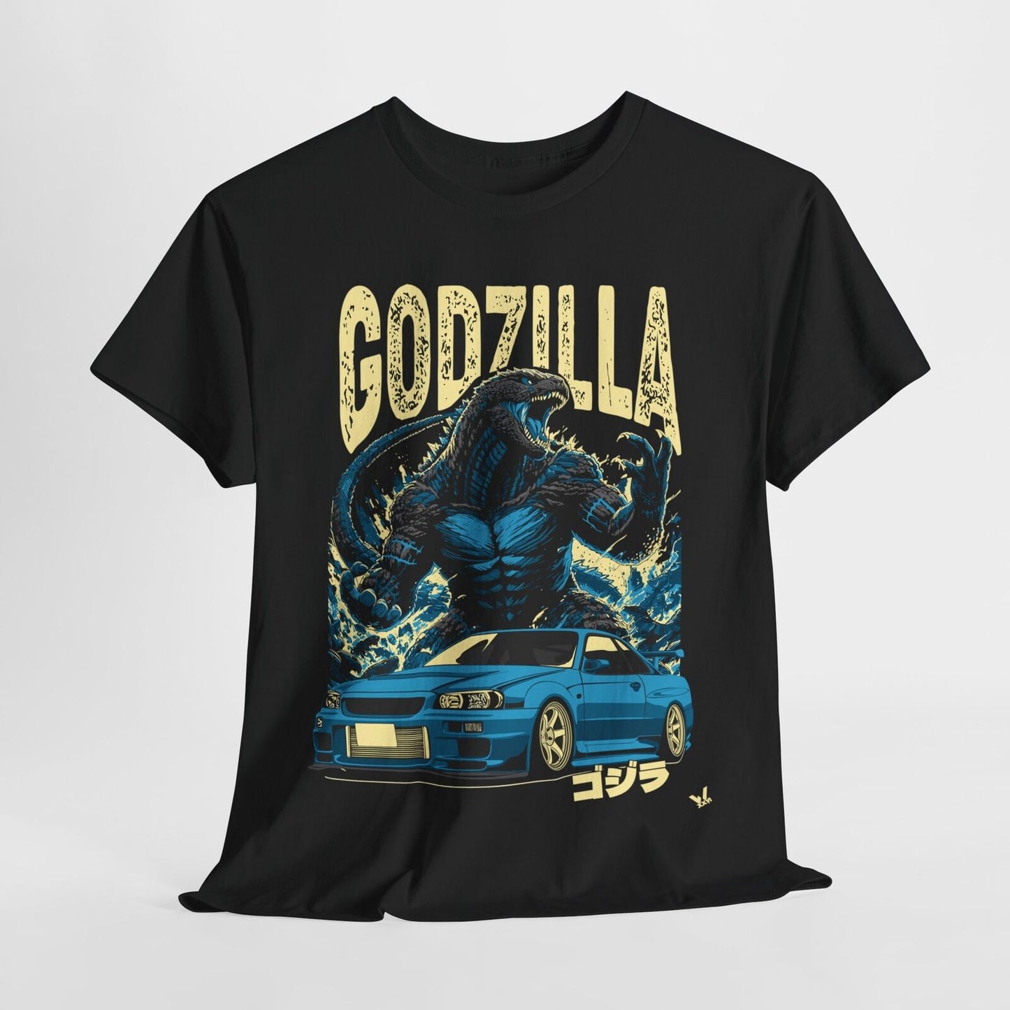 Epic Godzilla & Nissan Skyline R34 T-Shirt: Bold Graphic Japanese Culture Design