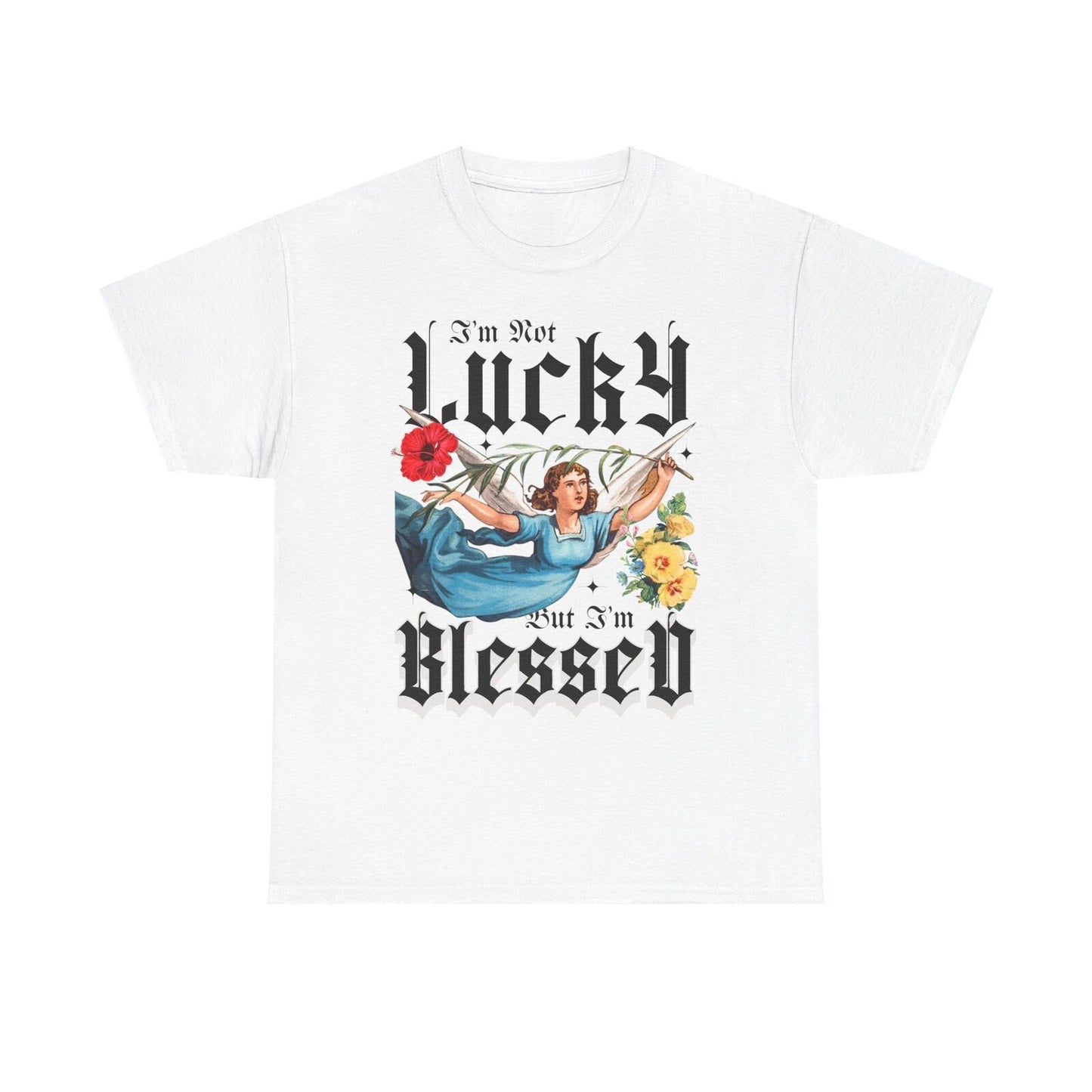 Vintage Mens T-Shirt "I'm Not Lucky But I'm Blessed" with Angel Design & Florals