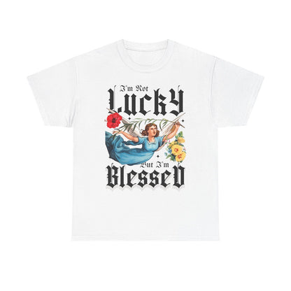 Vintage Mens T-Shirt "I'm Not Lucky But I'm Blessed" with Angel Design & Florals