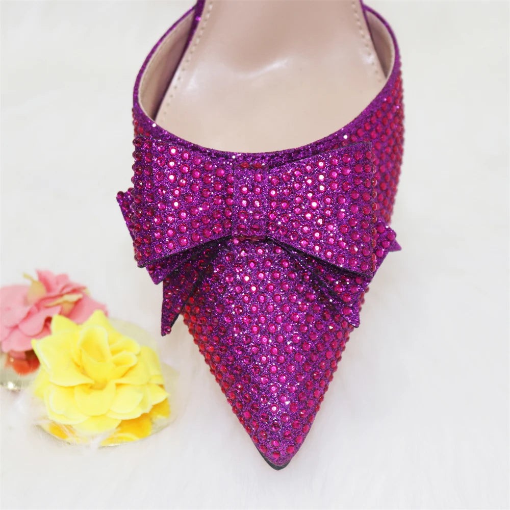 Complete luxury set showing women's purple sandals and matching handbag, ideal for upscale events and stylish parties.