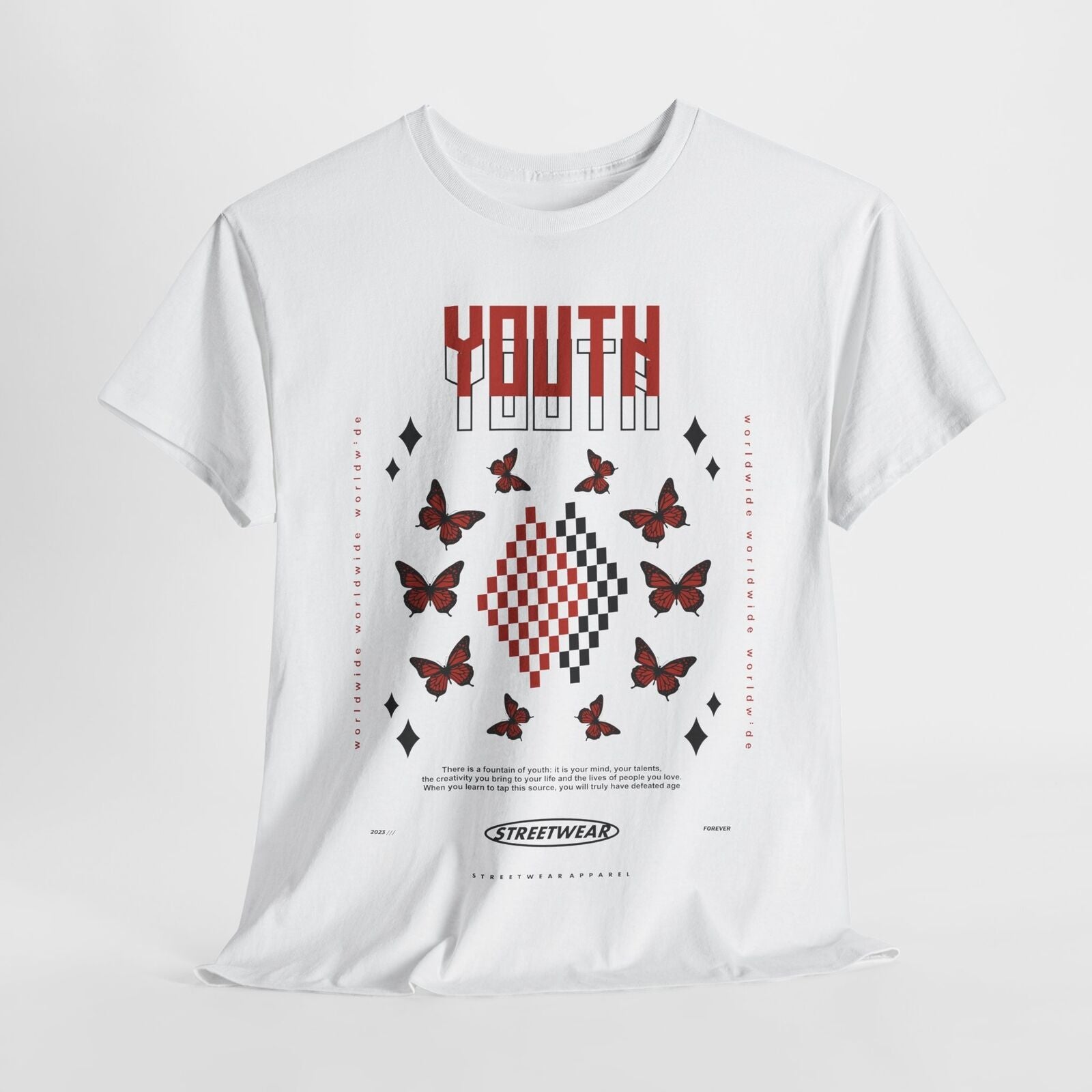 Youth Inspired Graphic T-Shirt Design with Red Butterflies, Checkerboard Quotes