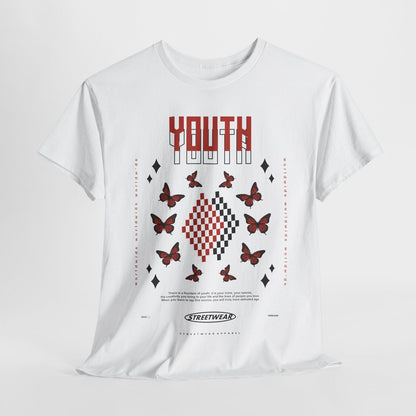 Youth Inspired Graphic T-Shirt Design with Red Butterflies, Checkerboard Quotes
