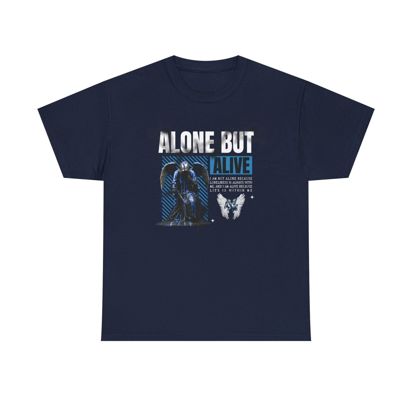 Men's T-Shirt: Bold 'ALONE BUT ALIVE' Graphic with Winged Statue & Angel Wings