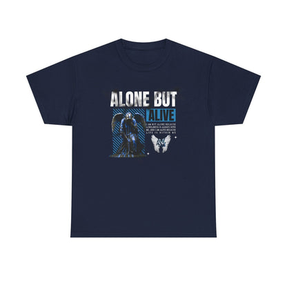 Men's T-Shirt: Bold 'ALONE BUT ALIVE' Graphic with Winged Statue & Angel Wings