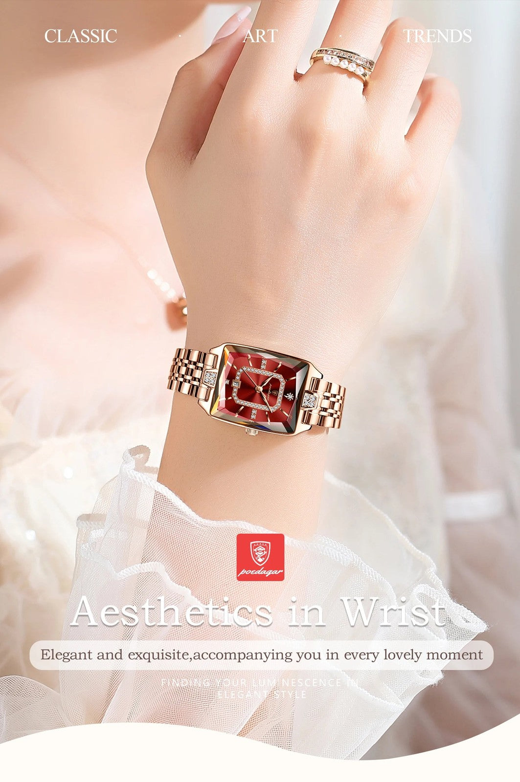 Luxury stainless steel quartz ladies watch featuring a rectangle case and waterproof design, showcasing elegant craftsmanship.