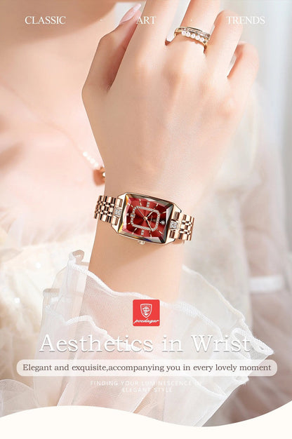 Luxury stainless steel quartz ladies watch featuring a rectangle case and waterproof design, showcasing elegant craftsmanship.
