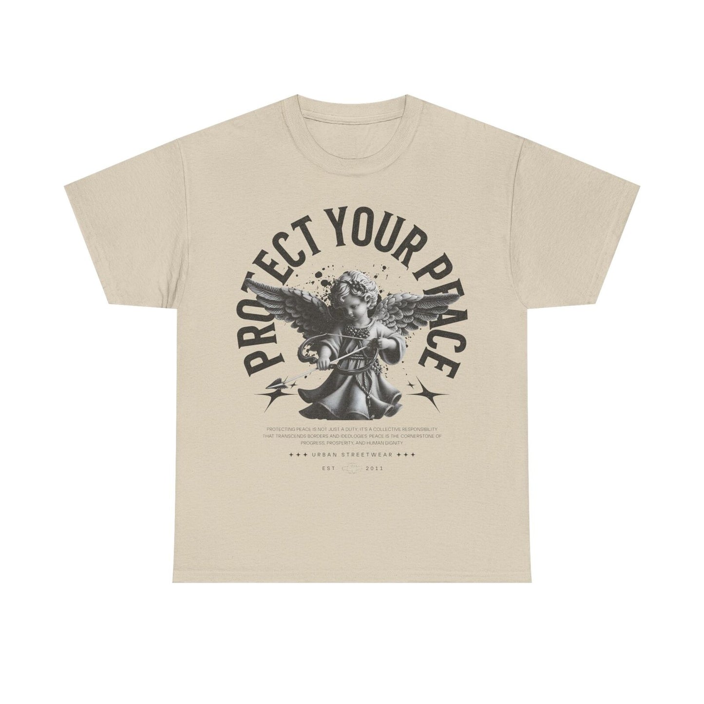 Bold Urban Mens T-Shirt: Protect Your Peace Graphic Design with Cherubic Angel