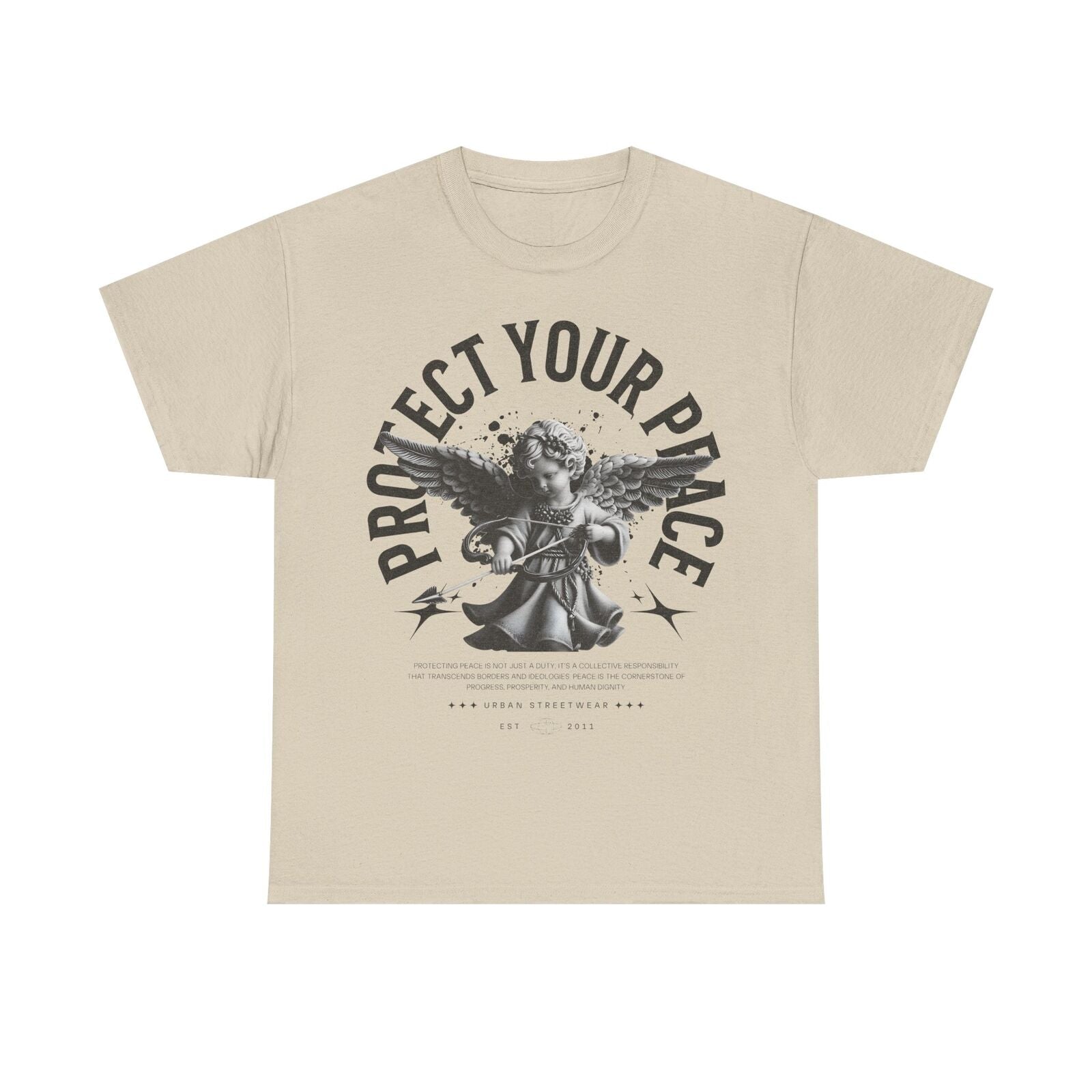 Bold Urban Mens T-Shirt: Protect Your Peace Graphic Design with Cherubic Angel