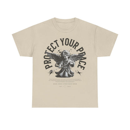 Bold Urban Mens T-Shirt: Protect Your Peace Graphic Design with Cherubic Angel