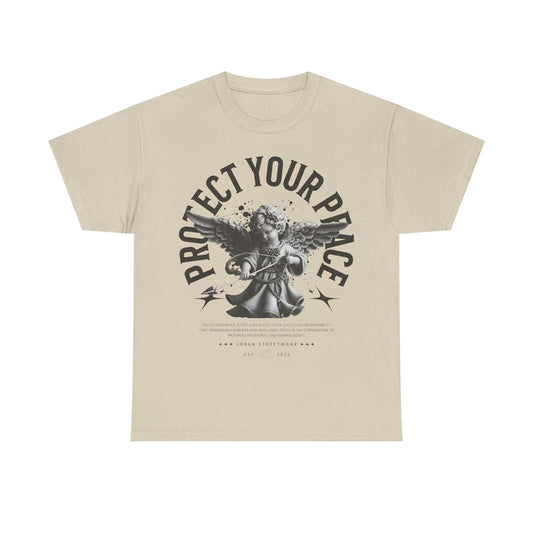 Bold Urban Mens T-Shirt: Protect Your Peace Graphic Design with Cherubic Angel