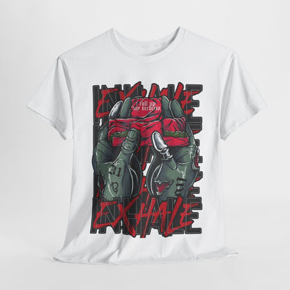"Men's T-Shirt with Bold Zombie Hands Graphic: 'Inhale Exhale' Statement Design"