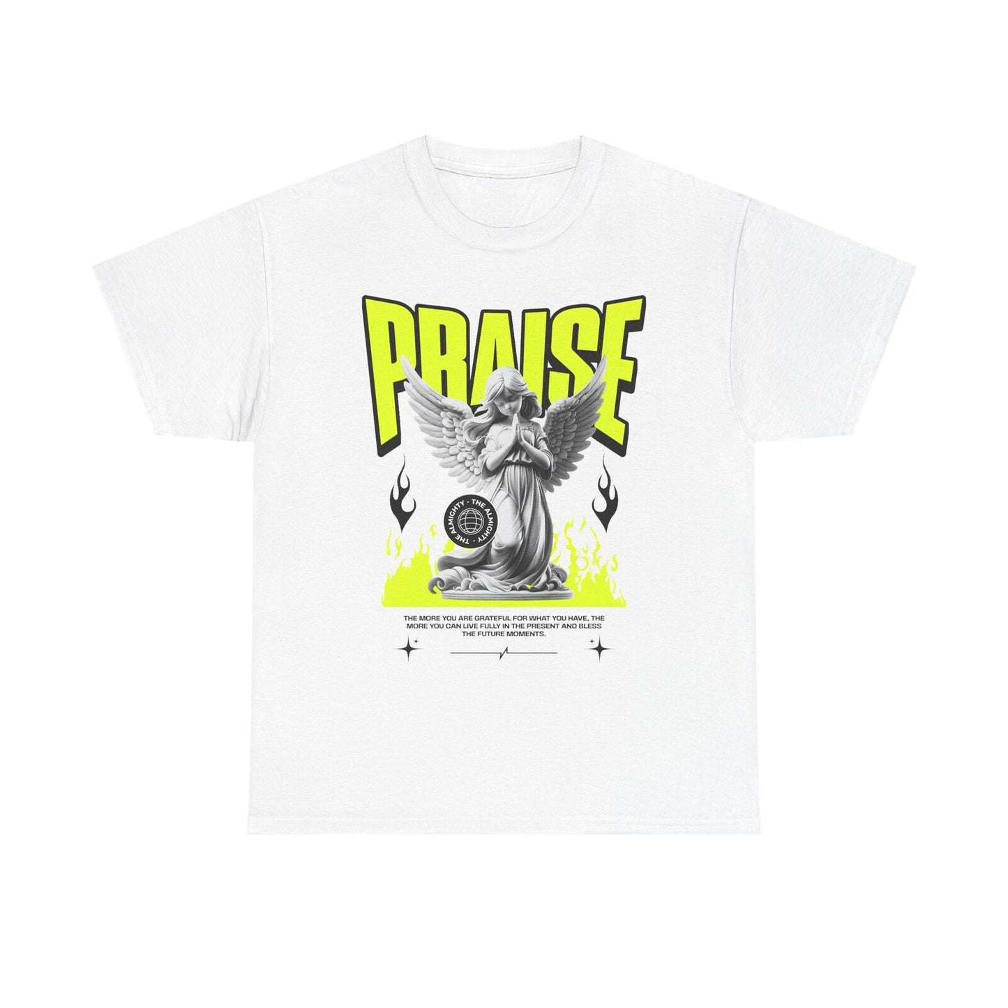 Bold Praise Graphic Men's T-Shirt with Angel Statue Design and Neon Flames Print