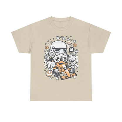 Epic Cartoon Stormtrooper Racing Car T-Shirt: Star Wars Fun and Style Unite!