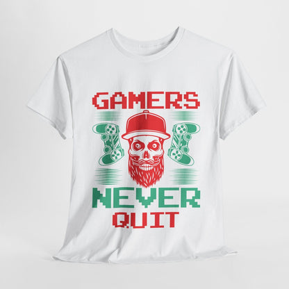 "Funny Motivational Gamer Men's T-Shirt: 'GAMERS NEVER QUIT' Graphic Design"