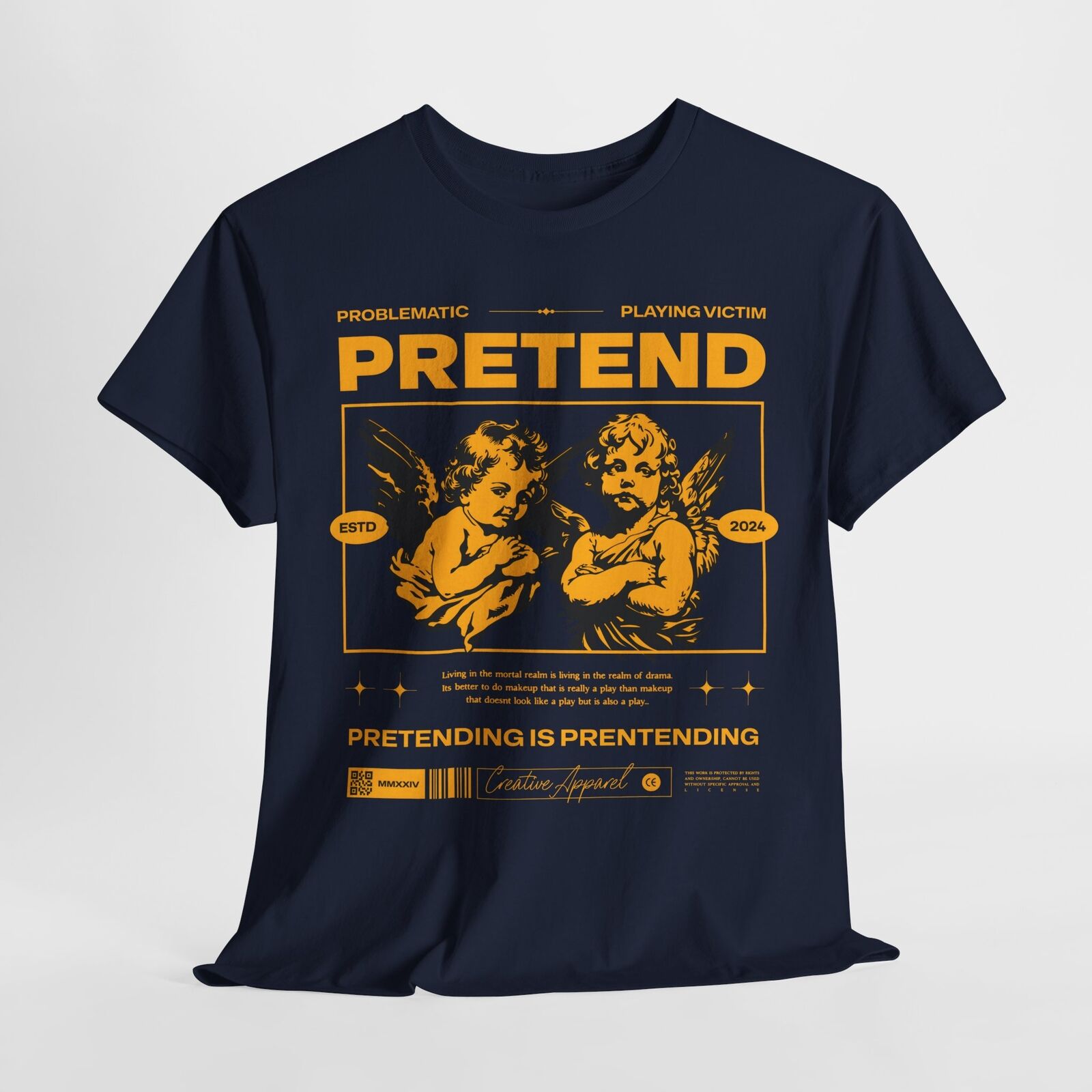 Retro Cherubic Men's T-Shirt - Bold "PRETEND" Graphic Design with Drama Quote