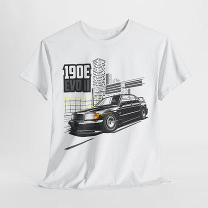 Dynamic Black 190E EVO II T-Shirt Design with Urban Cityscape & Speed Lines